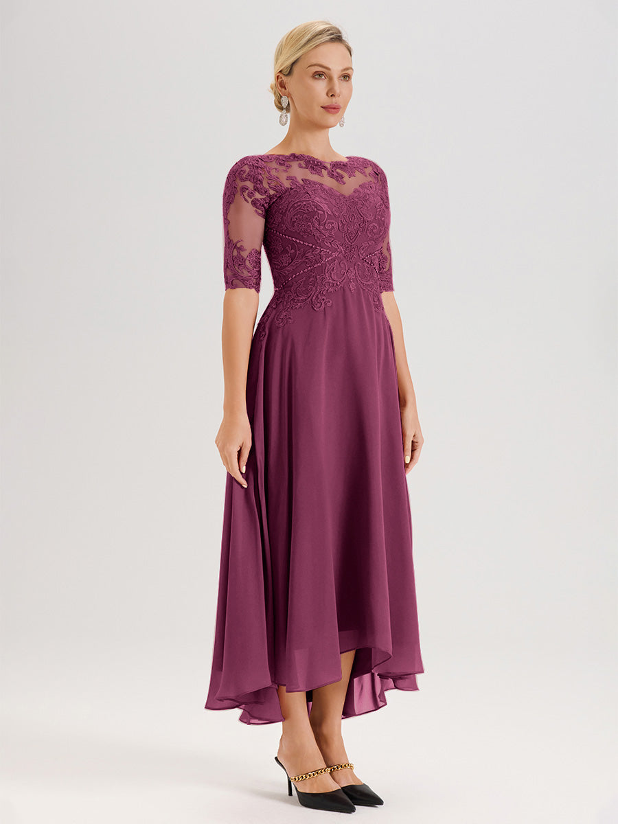 Cicinia Robe Mère Du Marié Mûre En Mousseline Dentelle Col Rond Demi-Manche Ourlet Irrégulier