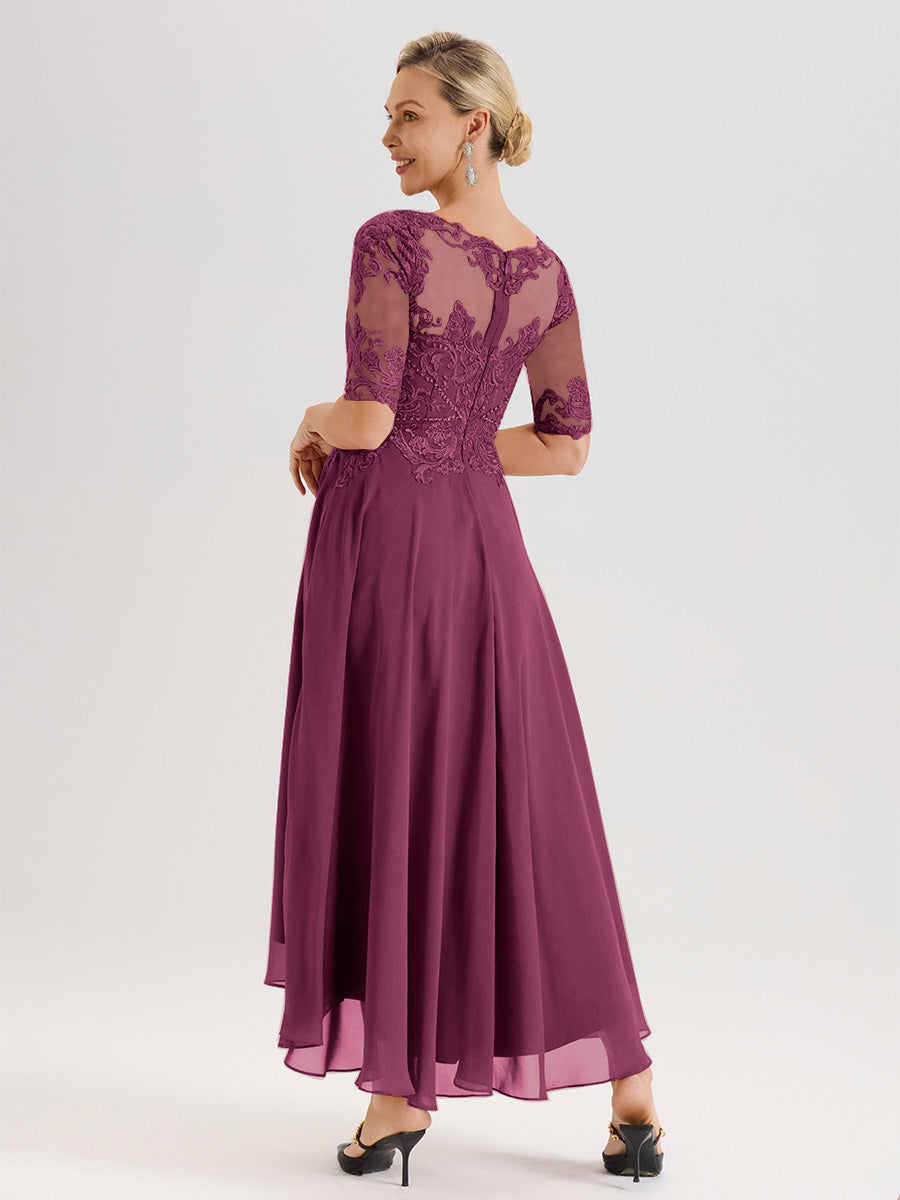 Cicinia Robe Mère Du Marié Mûre En Mousseline Dentelle Col Rond Demi-Manche Ourlet Irrégulier
