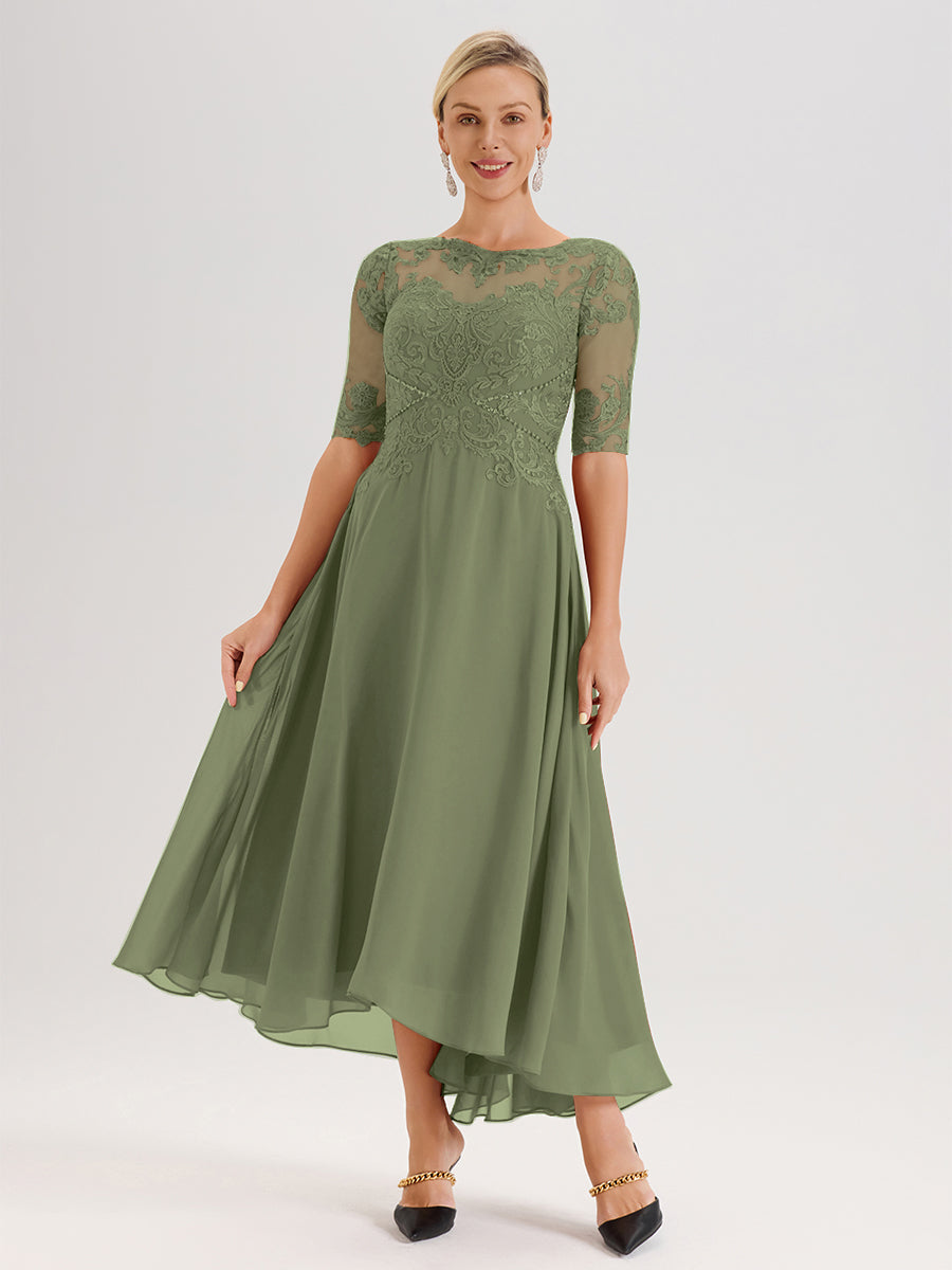 Cicinia Robe Mère Du Marié Olive En Mousseline Dentelle Col Rond Demi-Manche Ourlet Irrégulier