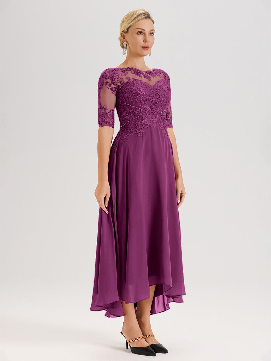 Cicinia Robe Mère Du Marié Orchidée En Mousseline Dentelle Col Rond Demi-Manche Ourlet Irrégulier