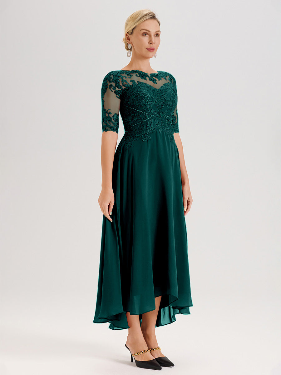Cicinia Robe Mère Du Marié Bleu Paon En Mousseline Dentelle Col Rond Demi-Manche Ourlet Irrégulier