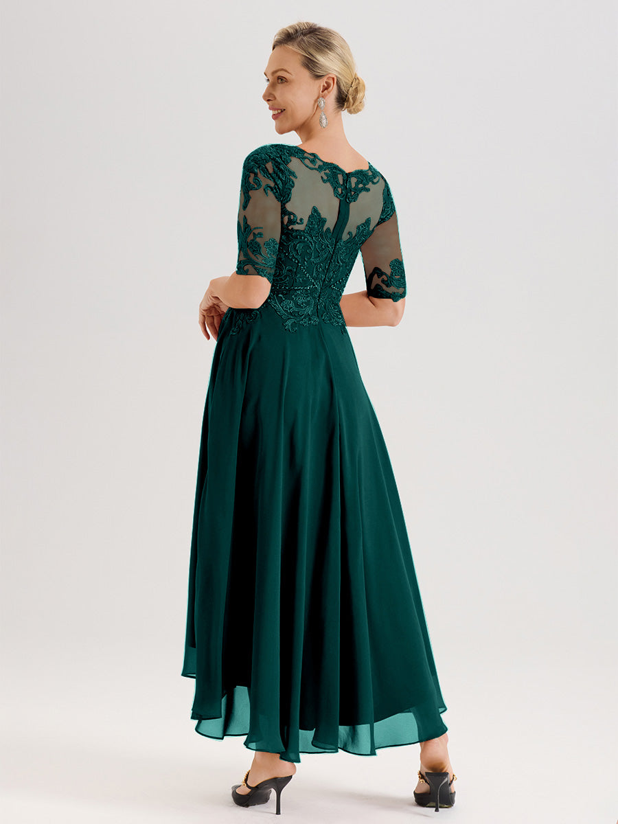 Cicinia Robe Mère Du Marié Bleu Paon En Mousseline Dentelle Col Rond Demi-Manche Ourlet Irrégulier