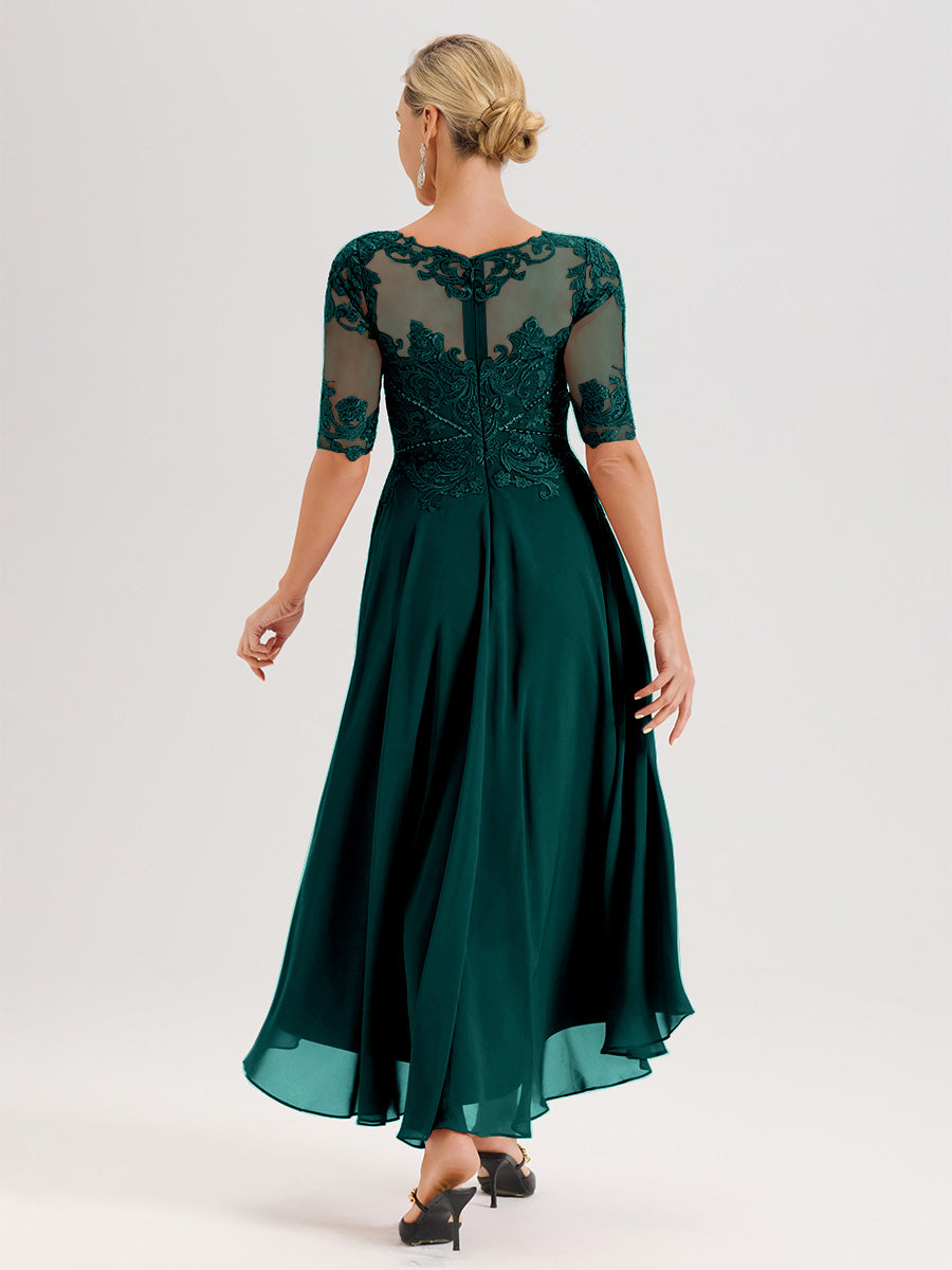 Cicinia Robe Mère Du Marié Bleu Paon En Mousseline Dentelle Col Rond Demi-Manche Ourlet Irrégulier