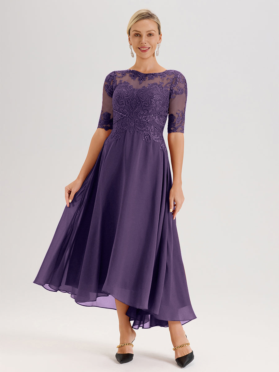 Cicinia Robe Mère Du Marié En Plum En Mousseline Dentelle Col Rond Demi-Manche Ourlet Irrégulier