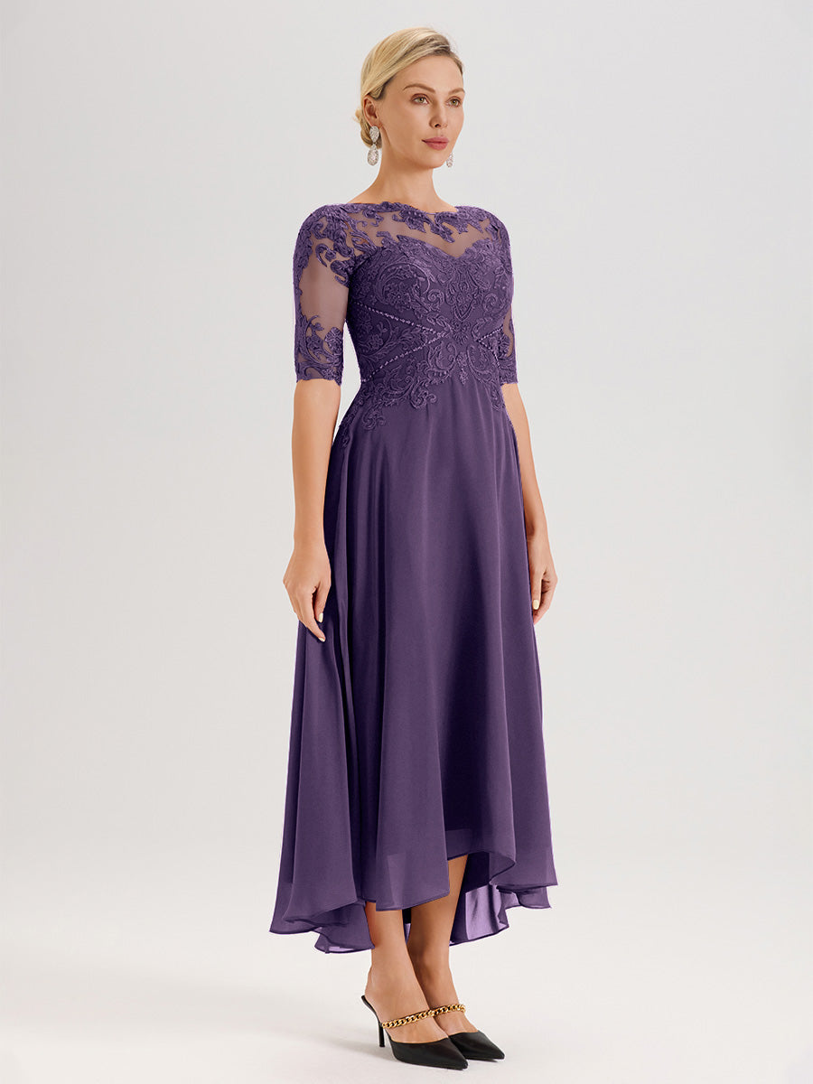 Cicinia Robe Mère Du Marié En Plum En Mousseline Dentelle Col Rond Demi-Manche Ourlet Irrégulier