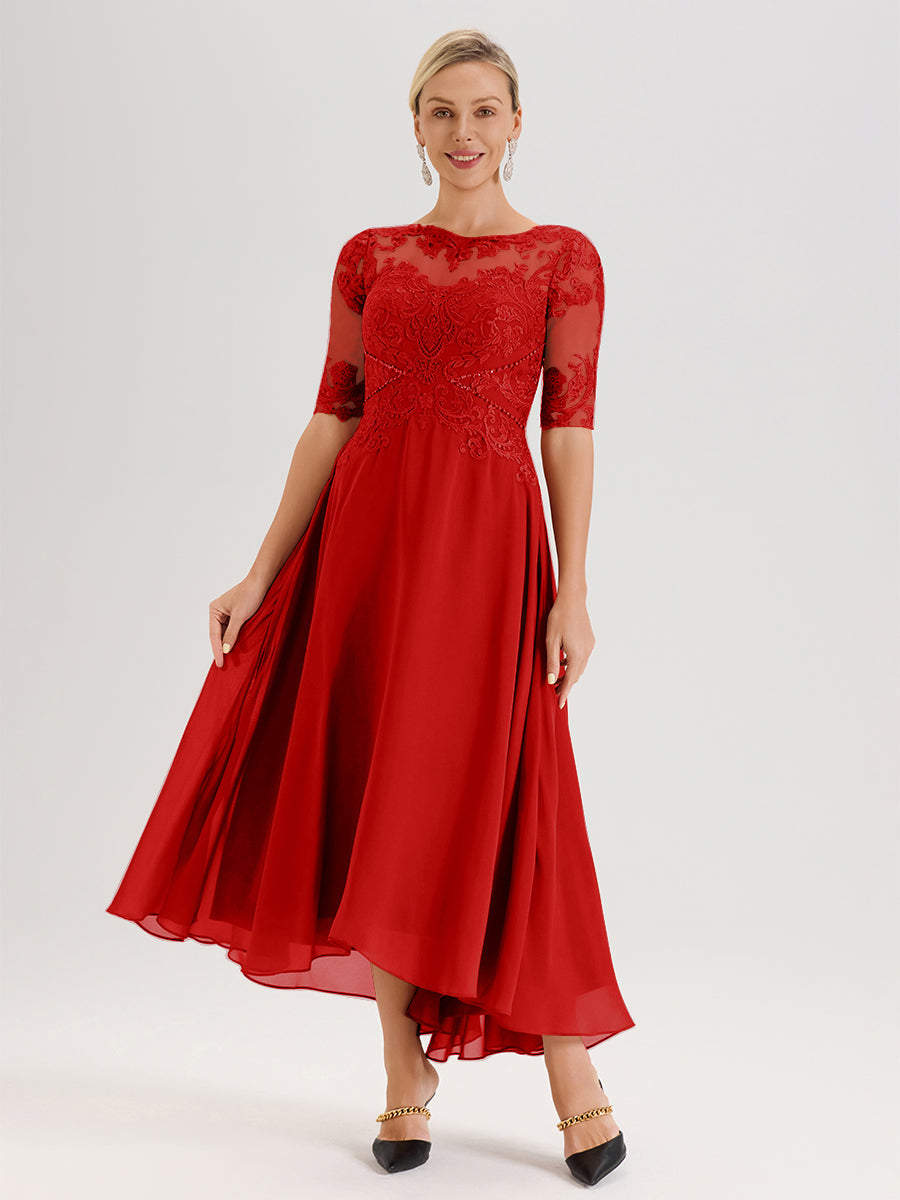 Cicinia Robe Mère Du Marié Rouge En Mousseline Dentelle Col Rond Demi-Manche Ourlet Irrégulier