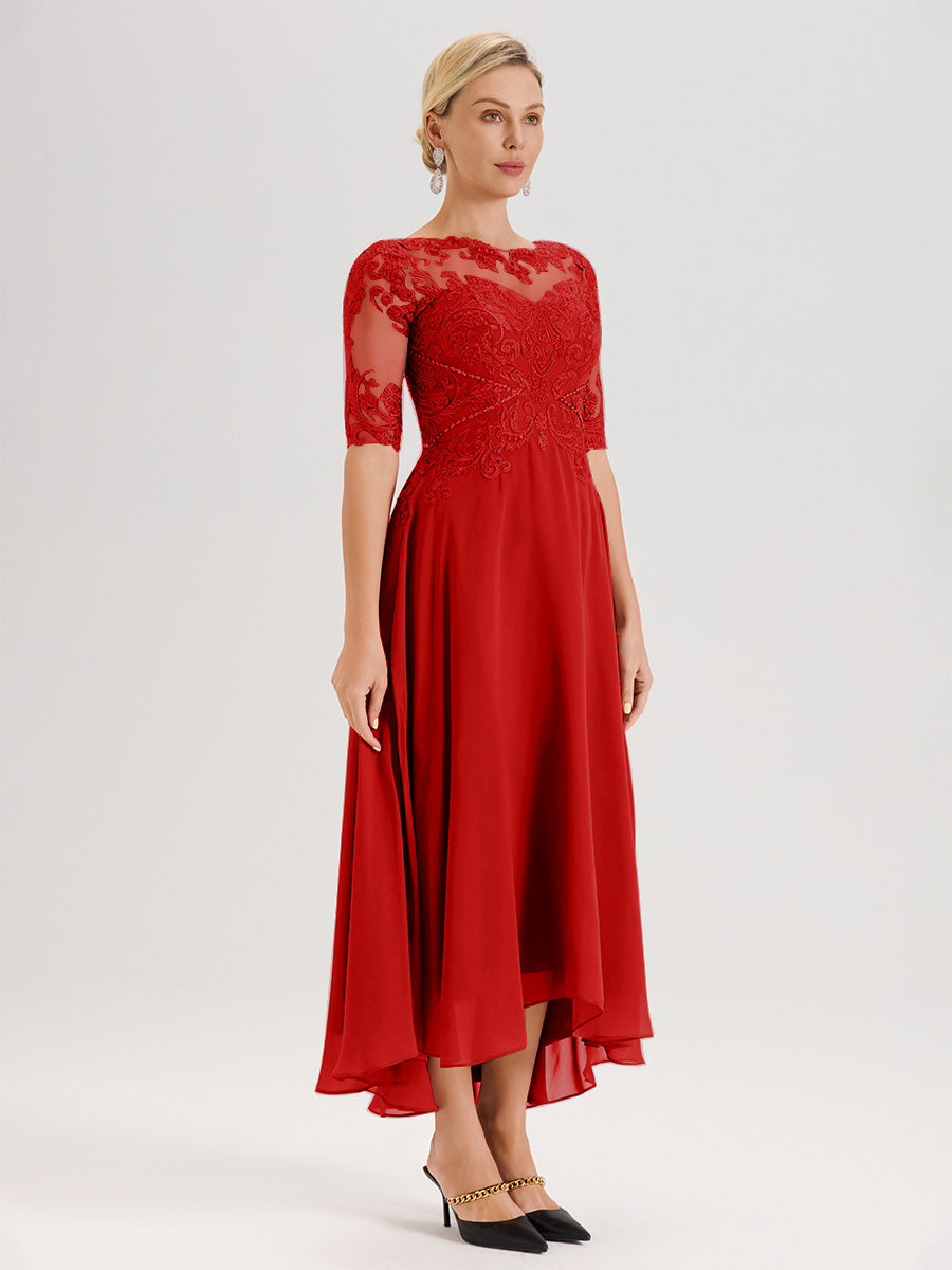 Cicinia Robe Mère Du Marié Rouge En Mousseline Dentelle Col Rond Demi-Manche Ourlet Irrégulier