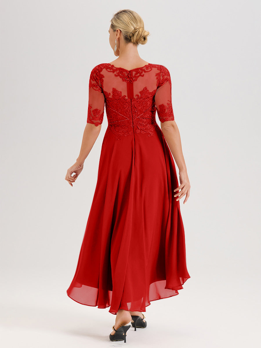 Cicinia Robe Mère Du Marié Rouge En Mousseline Dentelle Col Rond Demi-Manche Ourlet Irrégulier
