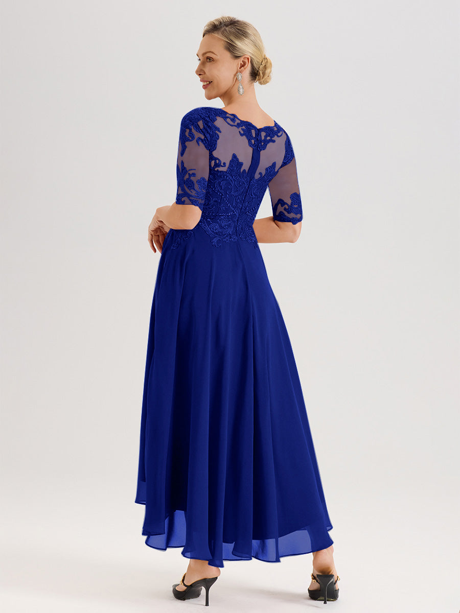 Cicinia Robe Mère Du Marié Bleu Royal En Mousseline Dentelle Col Rond Demi-Manche Ourlet Irrégulier