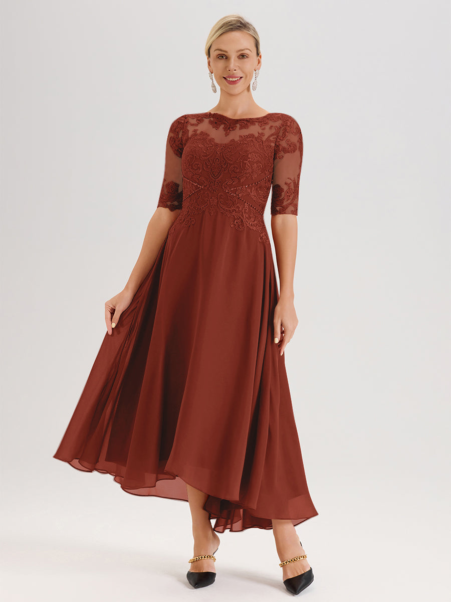 Cicinia Robe Mère Du Marié Couleur Rouille En Mousseline Dentelle Col Rond Demi-Manche Ourlet Irrégulier