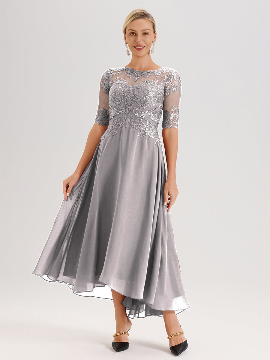 Cicinia Robe Mère Du Marié Argenté En Mousseline Dentelle Col Rond Demi-Manche Ourlet Irrégulier