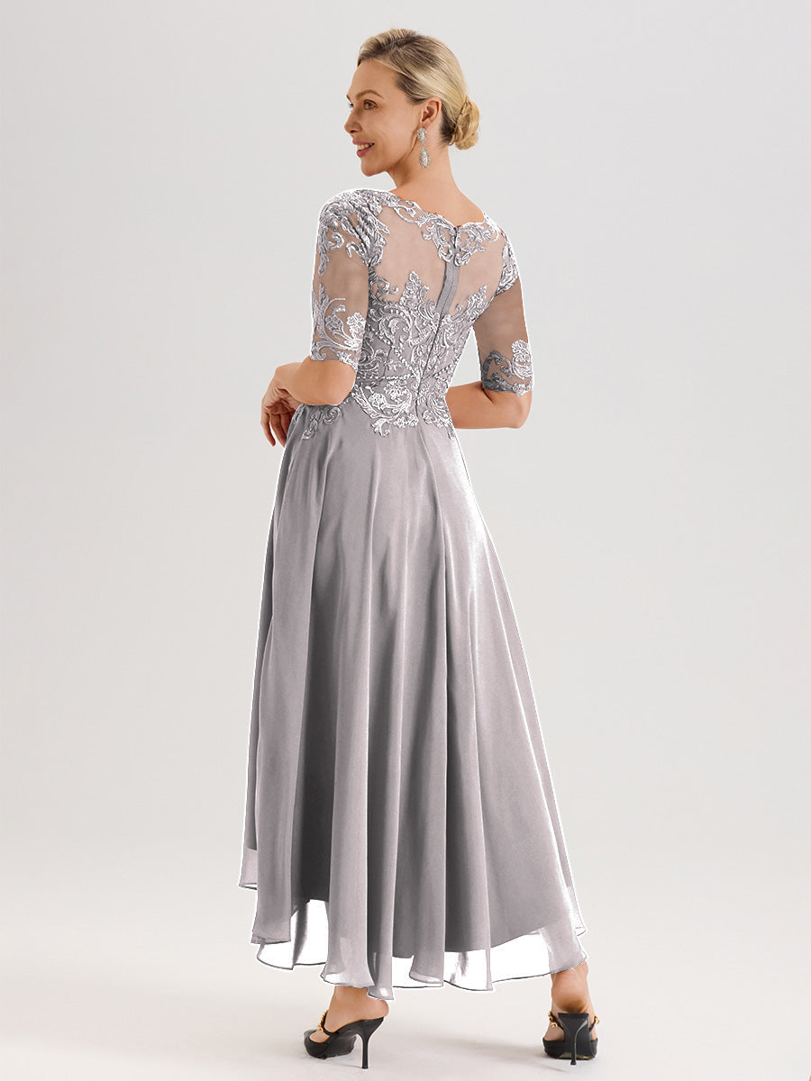 Cicinia Robe Mère Du Marié Argenté En Mousseline Dentelle Col Rond Demi-Manche Ourlet Irrégulier