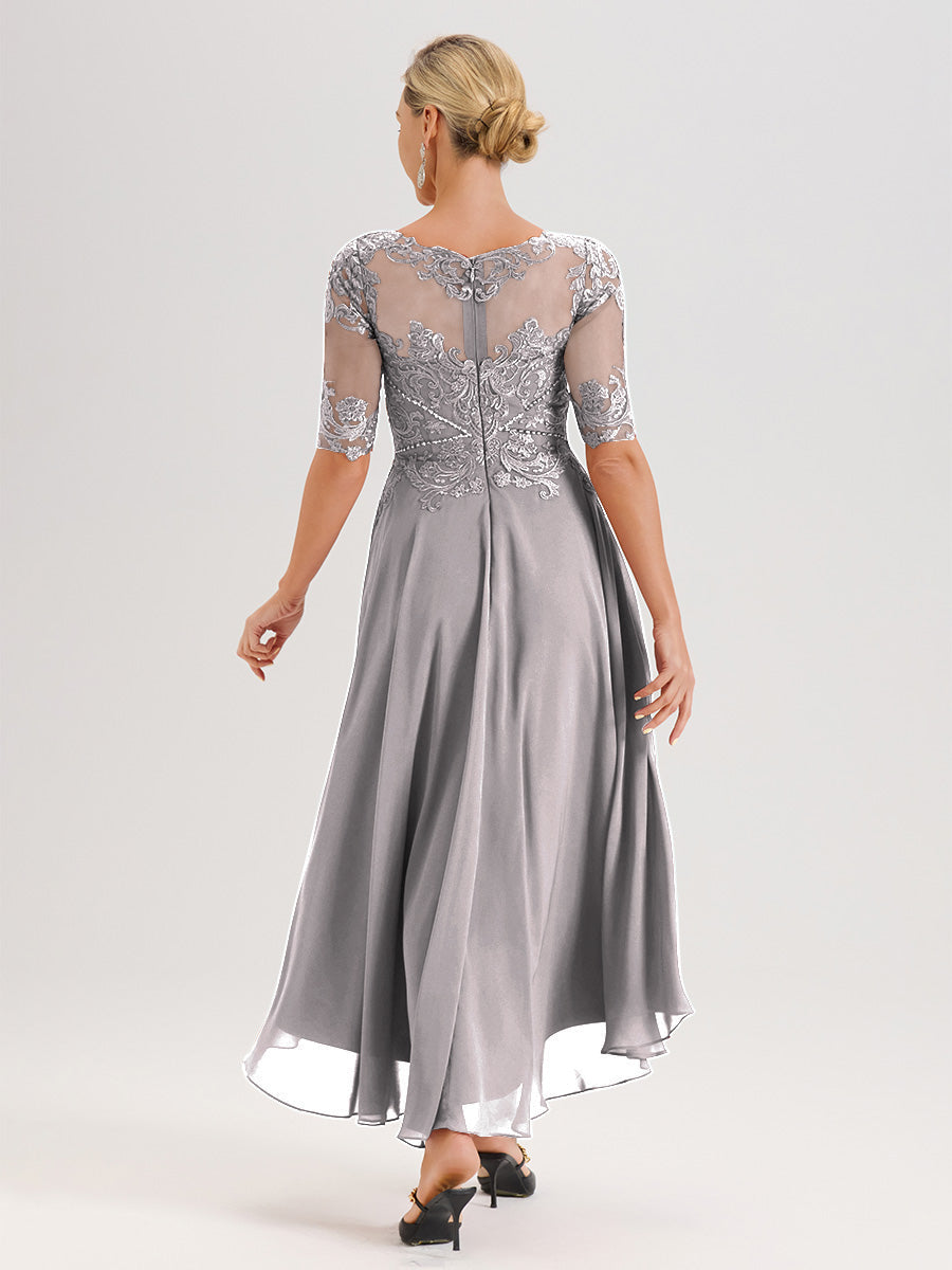 Cicinia Robe Mère Du Marié Argenté En Mousseline Dentelle Col Rond Demi-Manche Ourlet Irrégulier