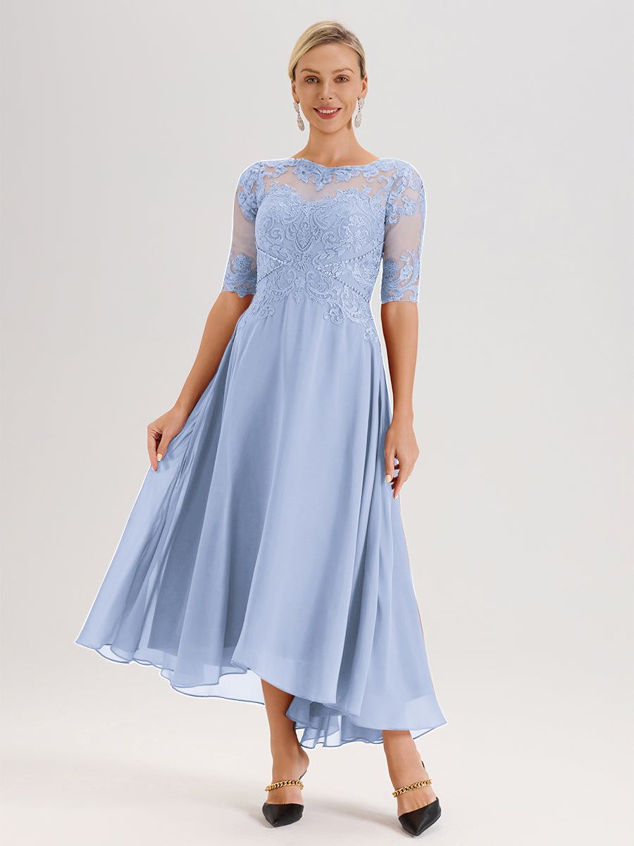 Cicinia Robe Mère Du Marié Bleu Ciel En Mousseline Dentelle Col Rond Demi-Manche Ourlet Irrégulier
