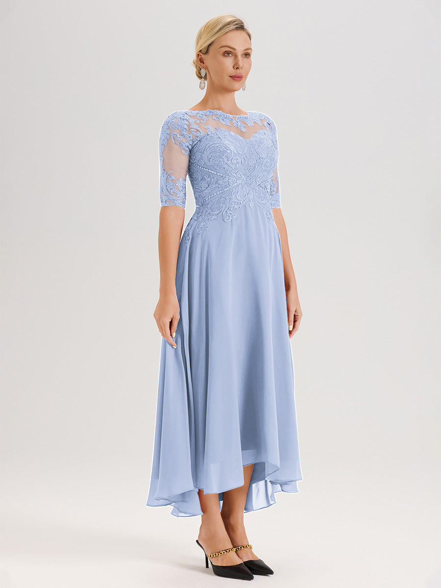 Cicinia Robe Mère Du Marié Bleu Ciel En Mousseline Dentelle Col Rond Demi-Manche Ourlet Irrégulier