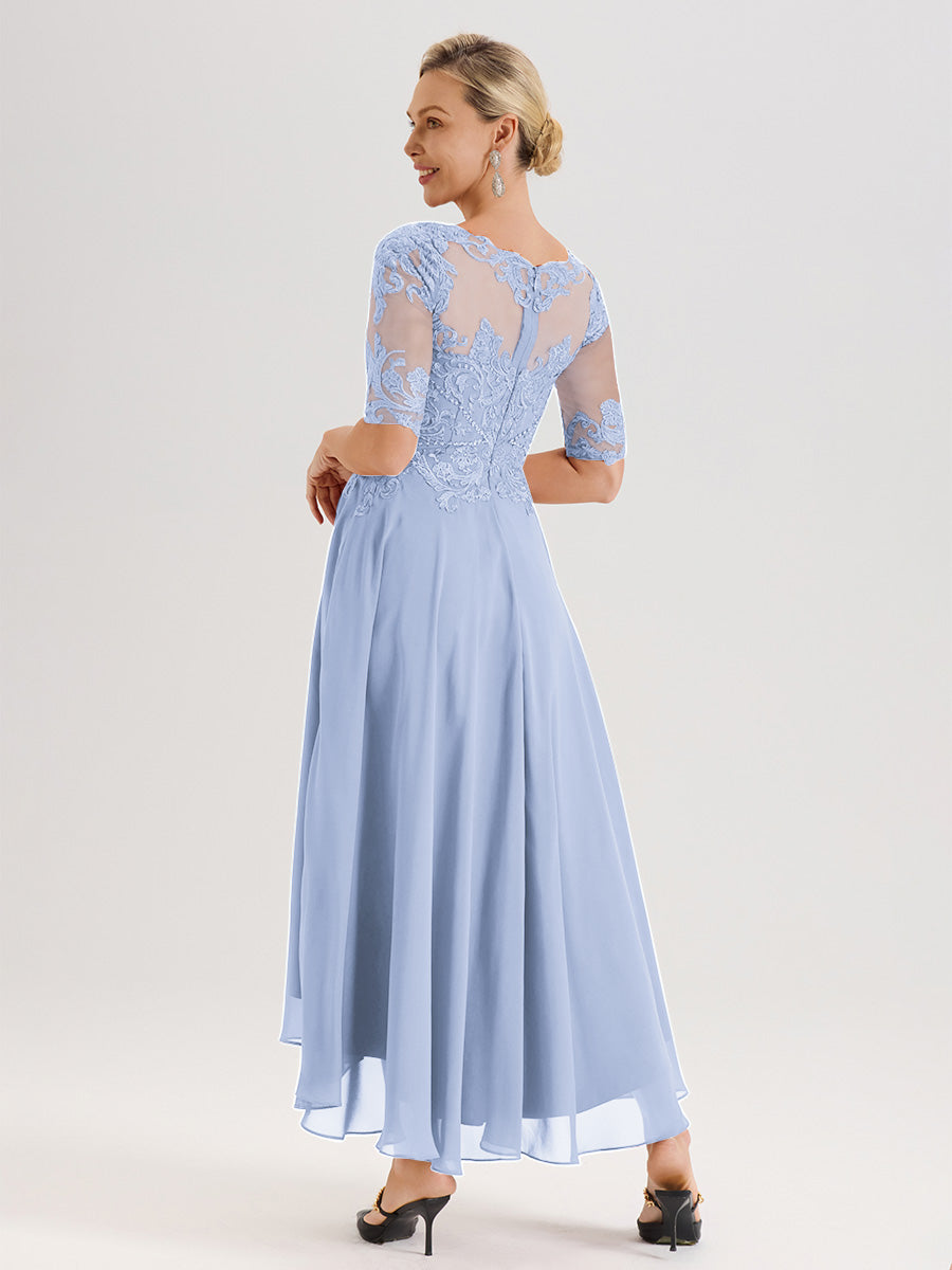 Cicinia Robe Mère Du Marié Bleu Ciel En Mousseline Dentelle Col Rond Demi-Manche Ourlet Irrégulier