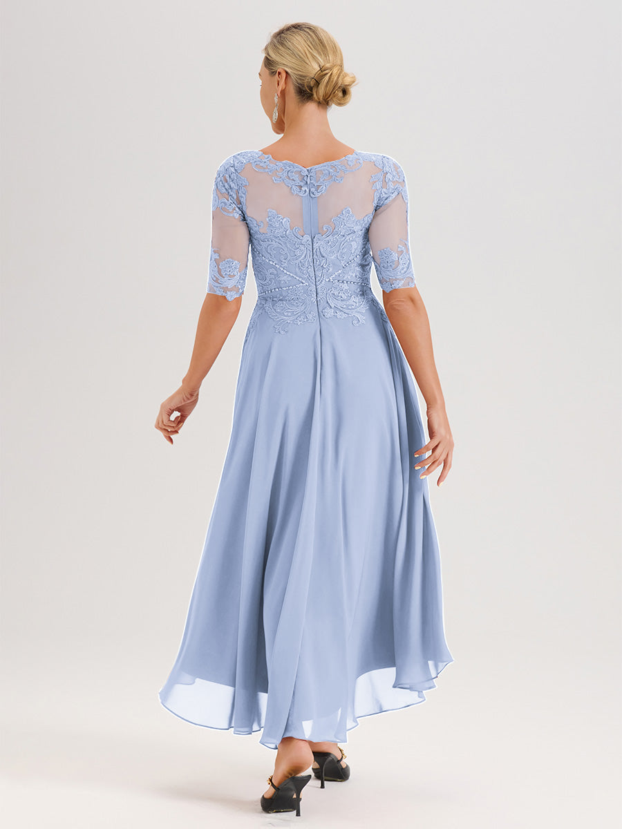 Cicinia Robe Mère Du Marié Bleu Ciel En Mousseline Dentelle Col Rond Demi-Manche Ourlet Irrégulier