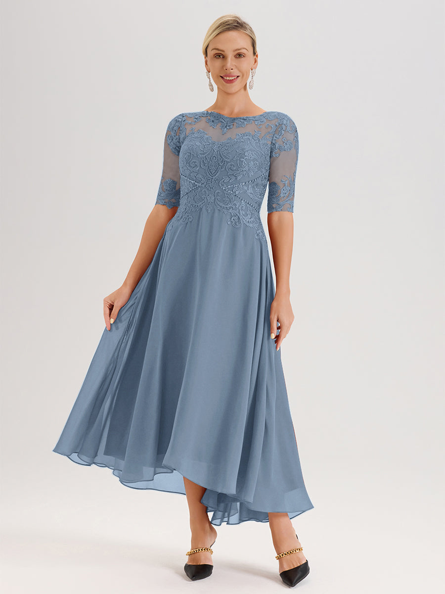 Cicinia Robe Mère Du Marié Bleu De Schiste En Mousseline Dentelle Col Rond Demi-Manche Ourlet Irrégulier