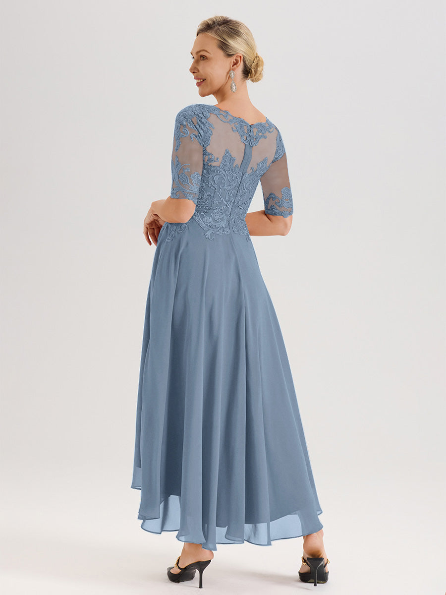 Cicinia Robe Mère Du Marié Bleu De Schiste En Mousseline Dentelle Col Rond Demi-Manche Ourlet Irrégulier