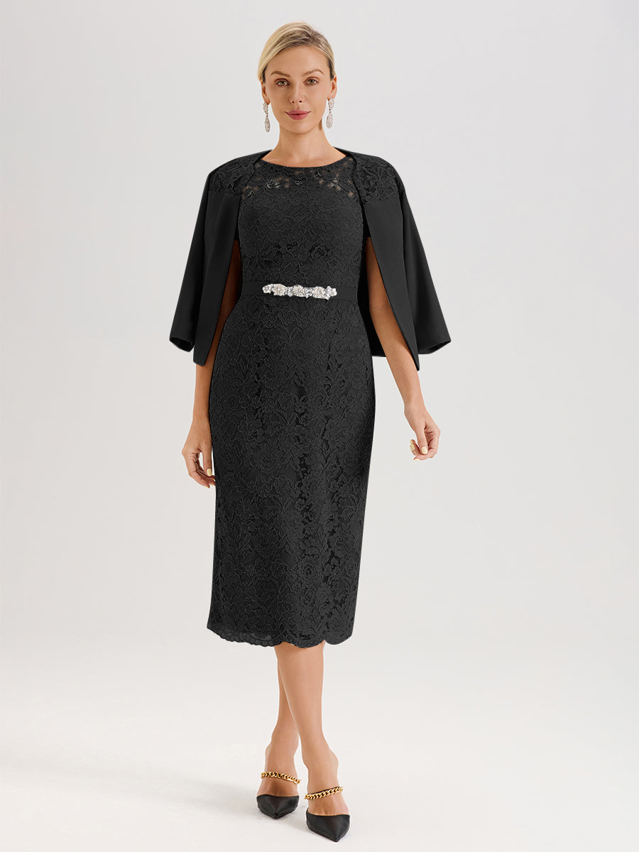 Cicinia Ensemble Noir Avec Châle Robe Mère De La Mariée Longueur Mi-Mollet En Mousseline Dentelle Col Rond