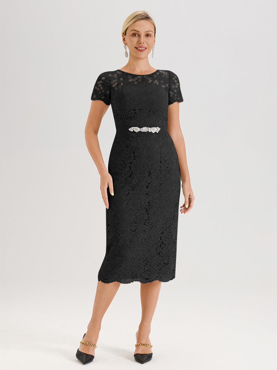 Cicinia Ensemble Noir Avec Châle Robe Mère De La Mariée Longueur Mi-Mollet En Mousseline Dentelle Col Rond