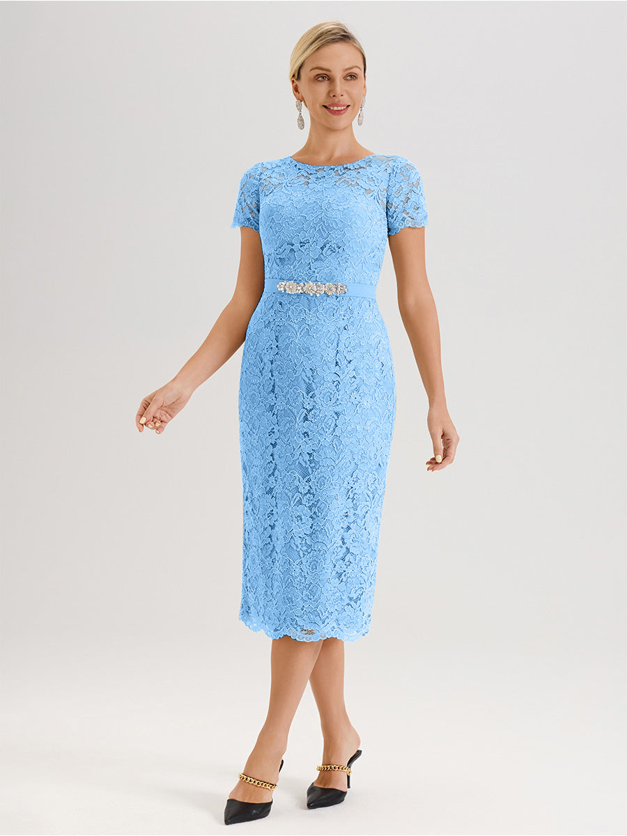 Cicinia Ensemble Bleu Avec Châle Robe Mère De La Mariée Longueur Mi-Mollet En Mousseline Dentelle Col Rond