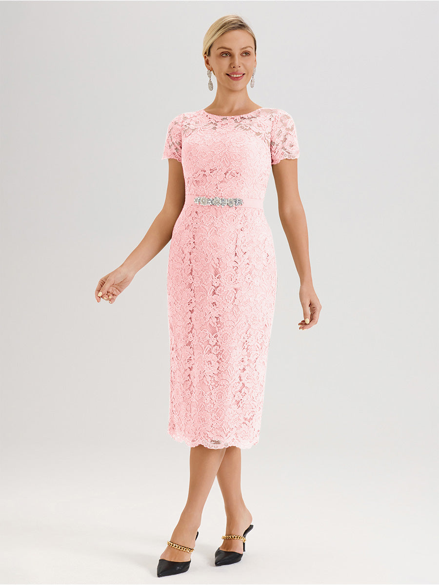 Cicinia Ensemble Rose Doux Avec Châle Robe Mère De La Mariée Longueur Mi-Mollet En Mousseline Dentelle Col Rond