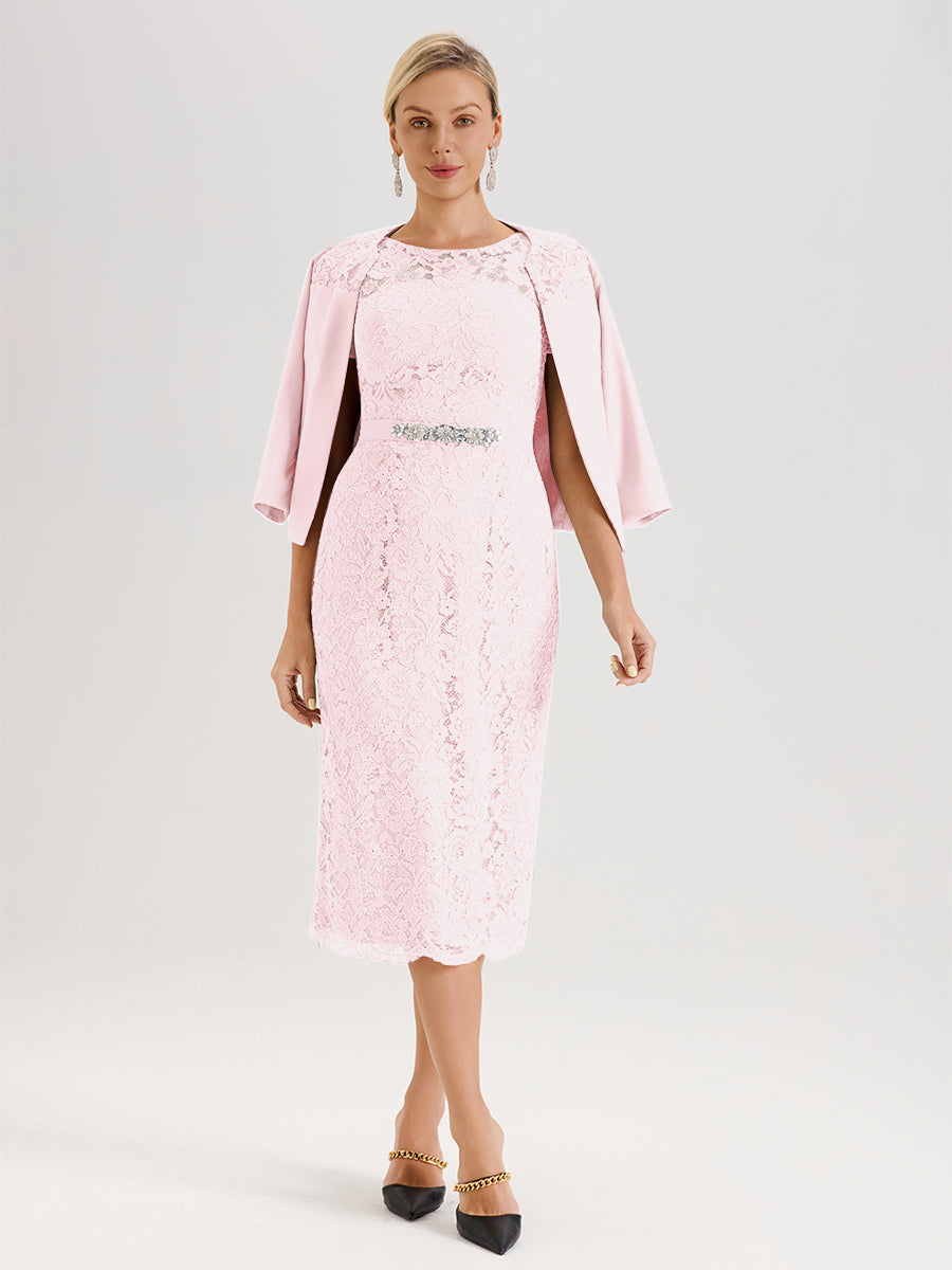 Cicinia Ensemble Rose Pale Avec Châle Robe Mère De La Mariée Longueur Mi-Mollet En Mousseline Dentelle Col Rond
