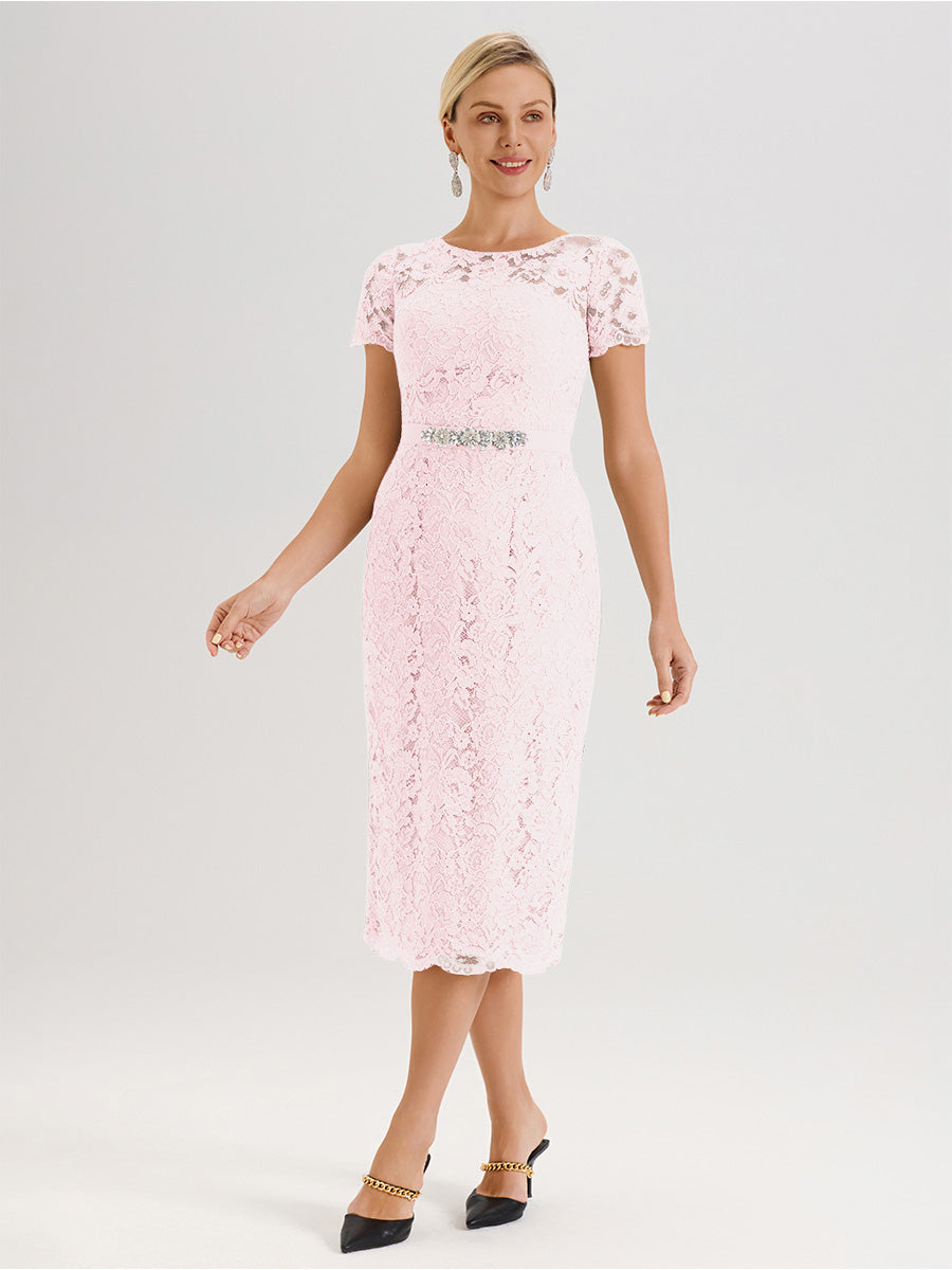 Cicinia Ensemble Rose Pale Avec Châle Robe Mère De La Mariée Longueur Mi-Mollet En Mousseline Dentelle Col Rond