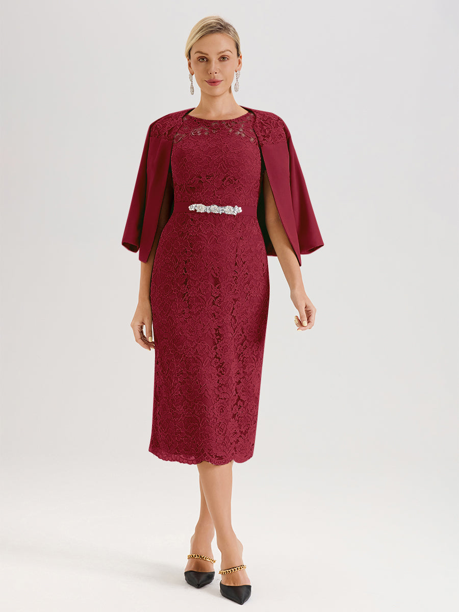 Cicinia Ensemble Couleur Bordeaux Avec Châle Robe Mère De La Mariée Longueur Mi-Mollet En Mousseline Dentelle Col Rond