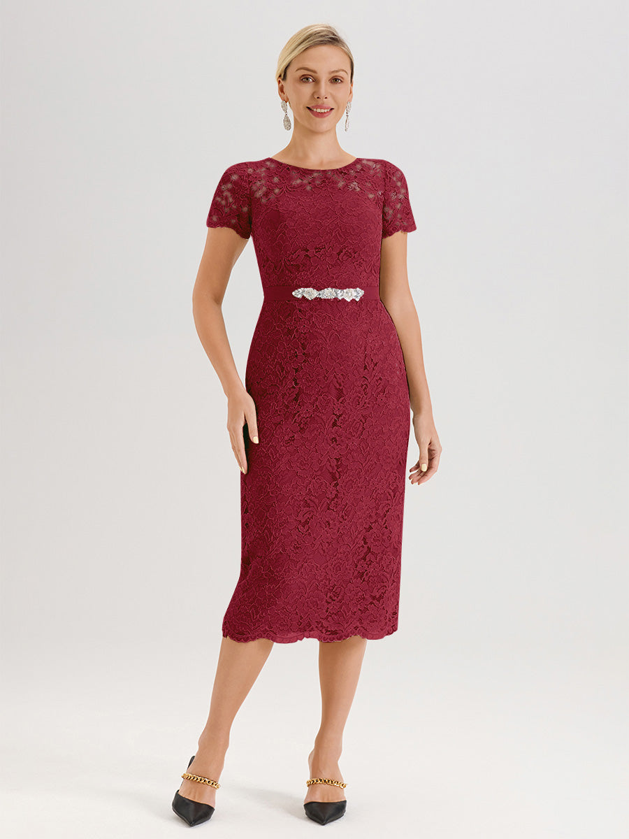 Cicinia Ensemble Couleur Bordeaux Avec Châle Robe Mère De La Mariée Longueur Mi-Mollet En Mousseline Dentelle Col Rond