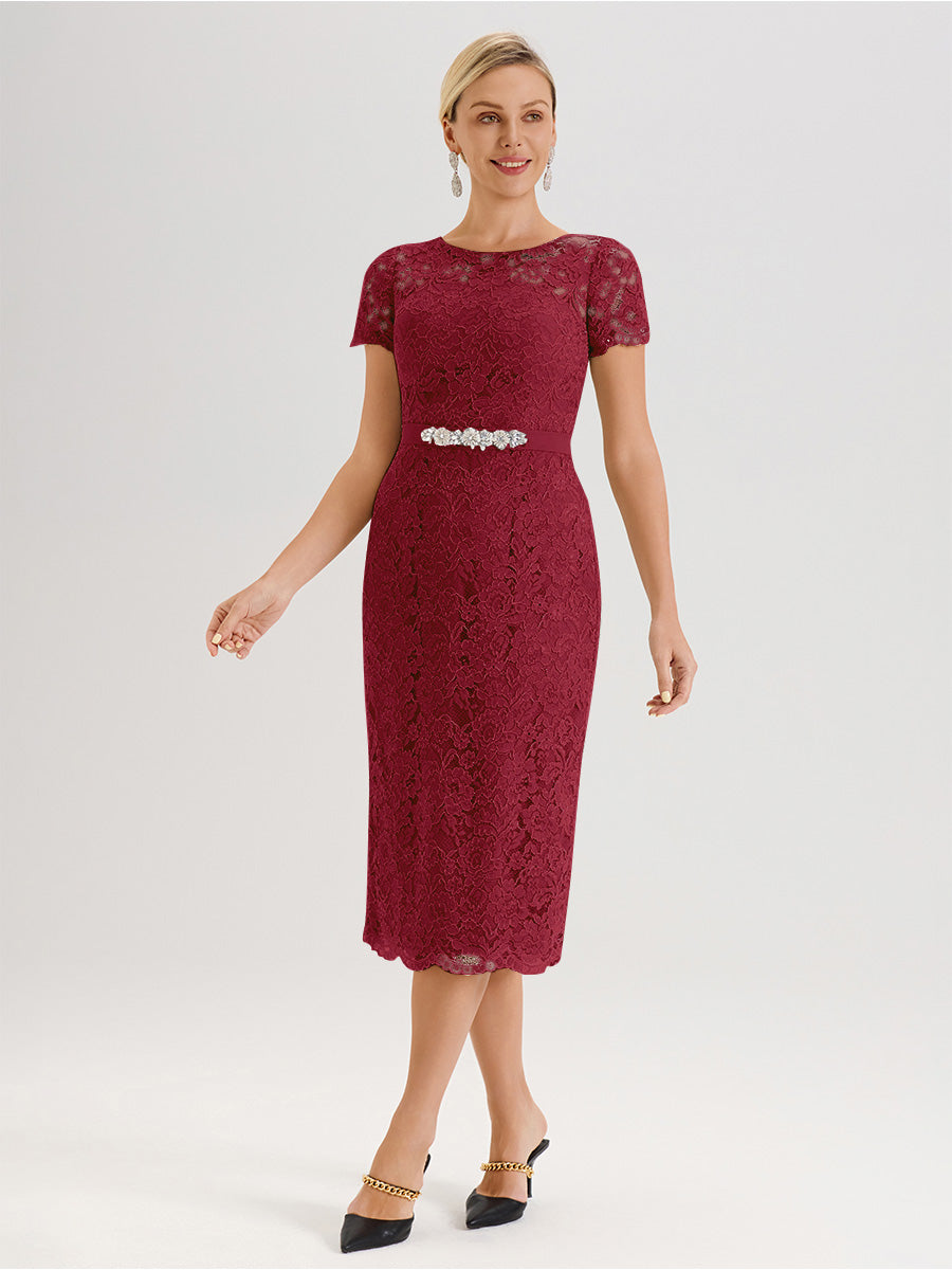 Cicinia Ensemble Couleur Bordeaux Avec Châle Robe Mère De La Mariée Longueur Mi-Mollet En Mousseline Dentelle Col Rond