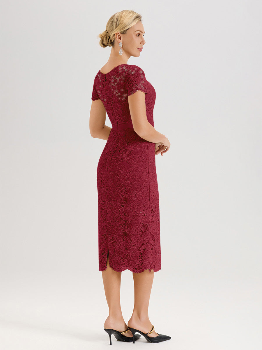 Cicinia Ensemble Couleur Bordeaux Avec Châle Robe Mère De La Mariée Longueur Mi-Mollet En Mousseline Dentelle Col Rond