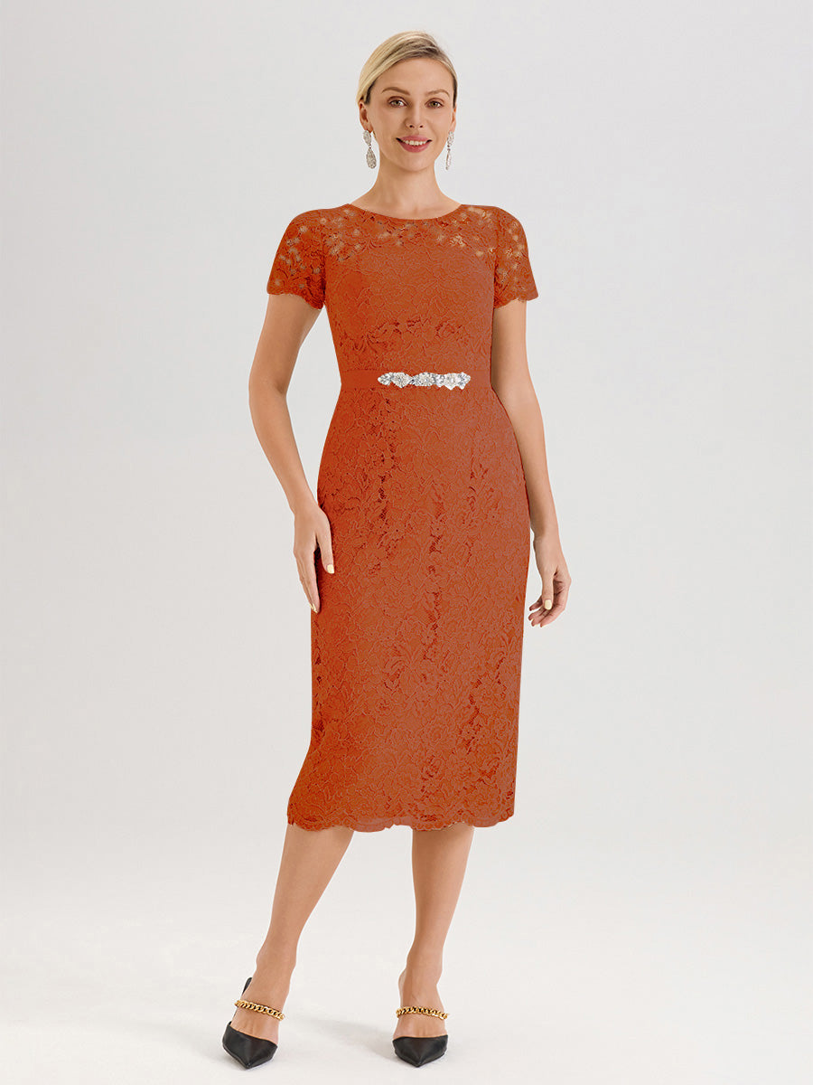 Cicinia Ensemble Orange Foncé Avec Châle Robe Mère De La Mariée Longueur Mi-Mollet En Mousseline Dentelle Col Rond