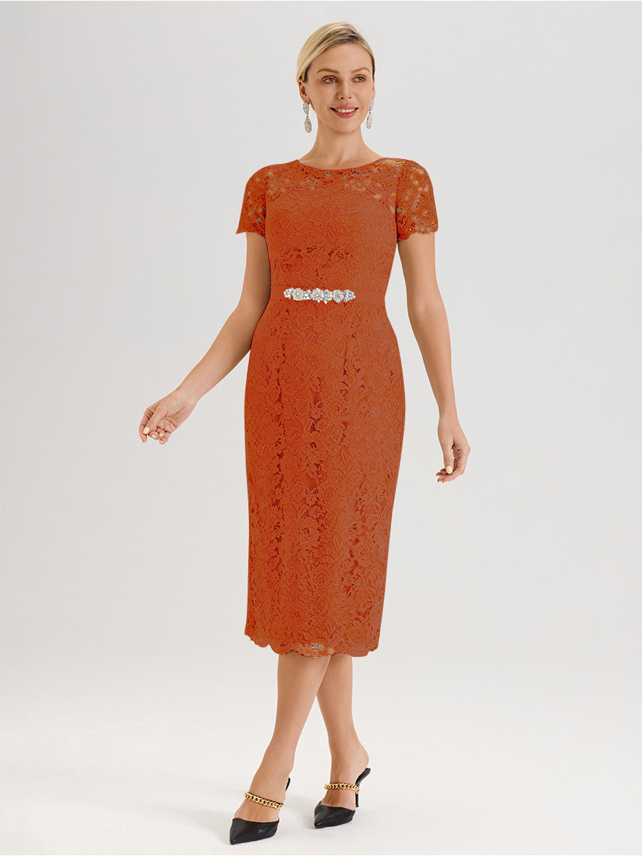 Cicinia Ensemble Orange Foncé Avec Châle Robe Mère De La Mariée Longueur Mi-Mollet En Mousseline Dentelle Col Rond