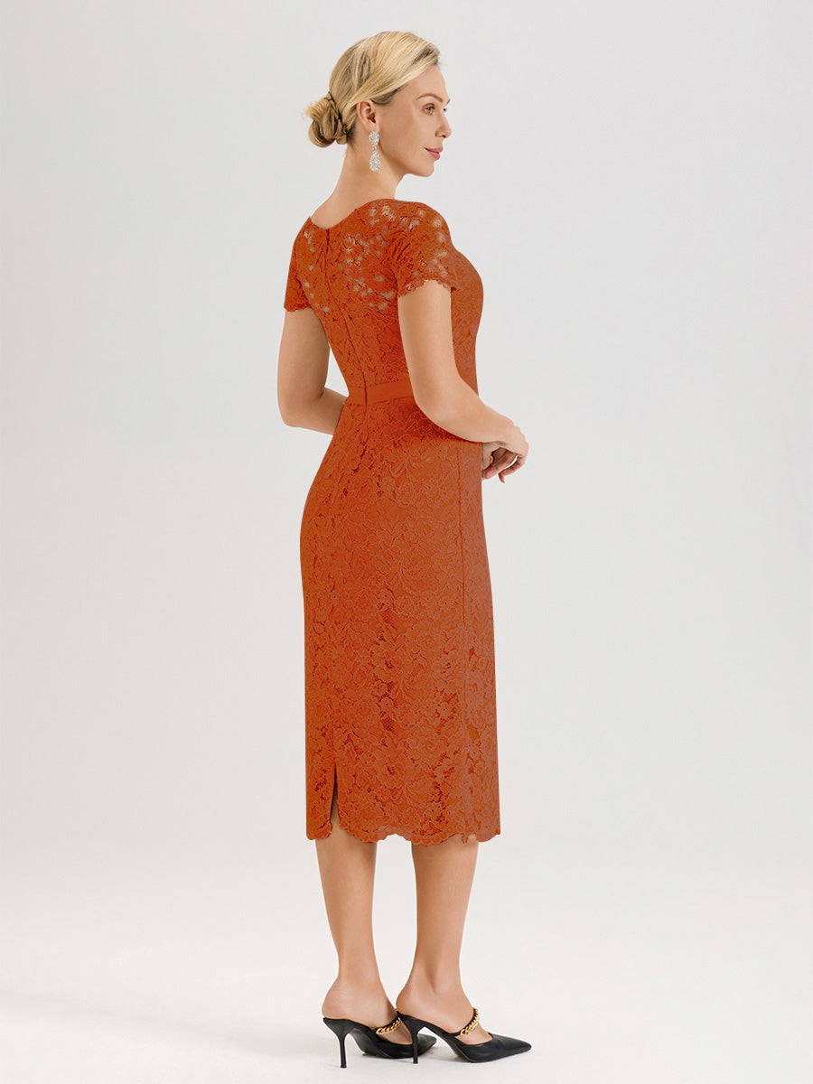 Cicinia Ensemble Orange Foncé Avec Châle Robe Mère De La Mariée Longueur Mi-Mollet En Mousseline Dentelle Col Rond