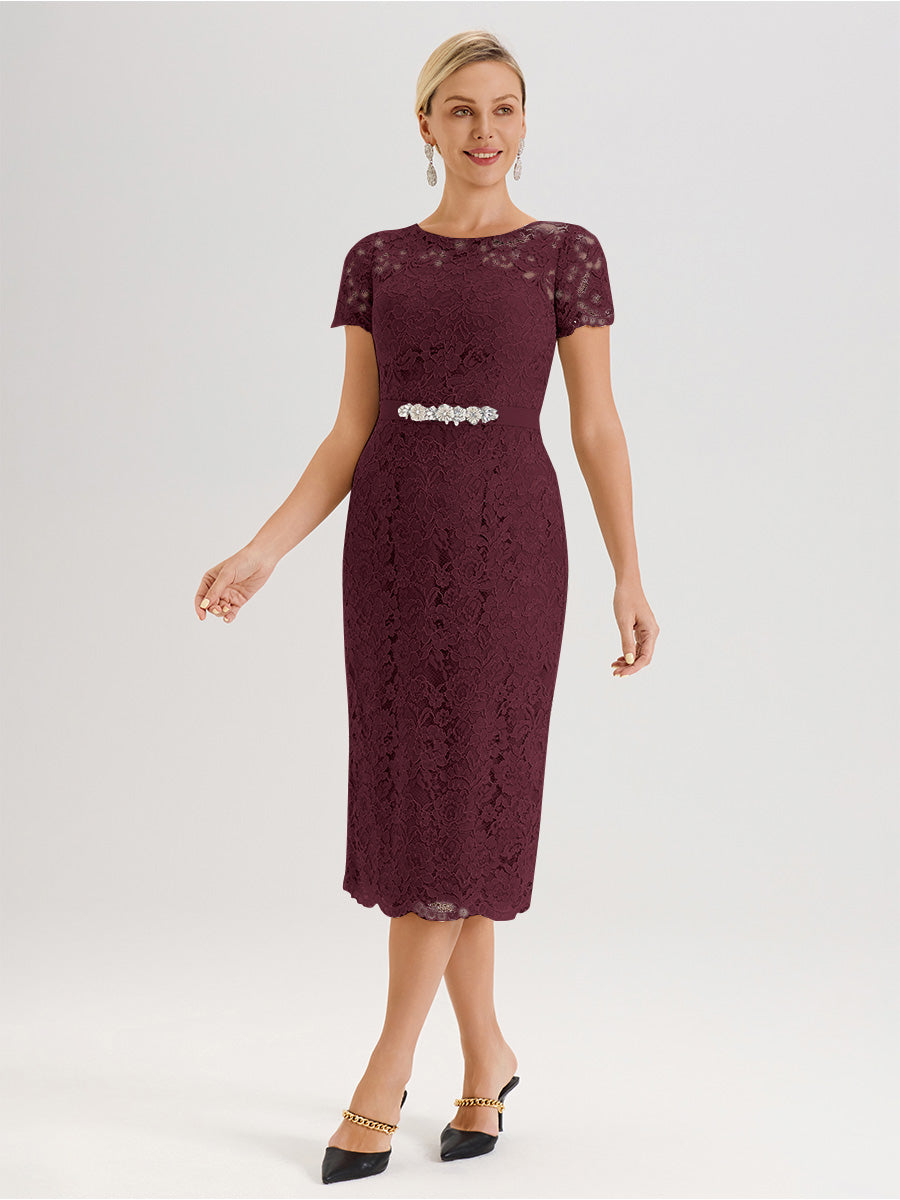 Cicinia Ensemble Cabernet Avec Châle Robe Mère De La Mariée Longueur Mi-Mollet En Mousseline Dentelle Col Rond