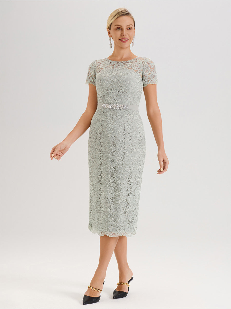 Cicinia Ensemble Celadon Avec Châle Robe Mère De La Mariée Longueur Mi-Mollet En Mousseline Dentelle Col Rond