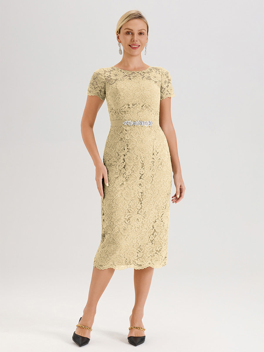 Cicinia Ensemble Champagne Avec Châle Robe Mère De La Mariée Longueur Mi-Mollet En Mousseline Dentelle Col Rond