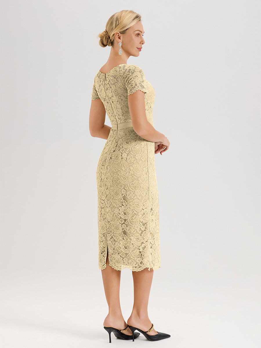 Cicinia Ensemble Champagne Avec Châle Robe Mère De La Mariée Longueur Mi-Mollet En Mousseline Dentelle Col Rond