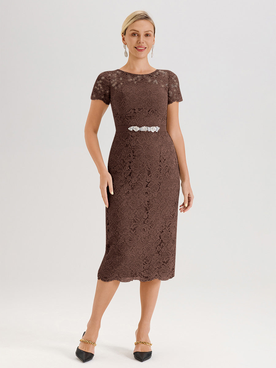 Cicinia Ensemble Marron Chocolat Avec Châle Robe Mère De La Mariée Longueur Mi-Mollet En Mousseline Dentelle Col Rond