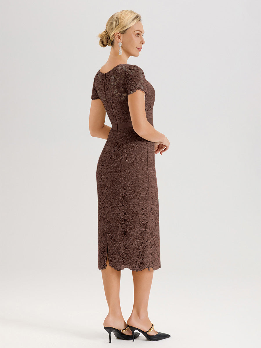 Cicinia Ensemble Marron Chocolat Avec Châle Robe Mère De La Mariée Longueur Mi-Mollet En Mousseline Dentelle Col Rond