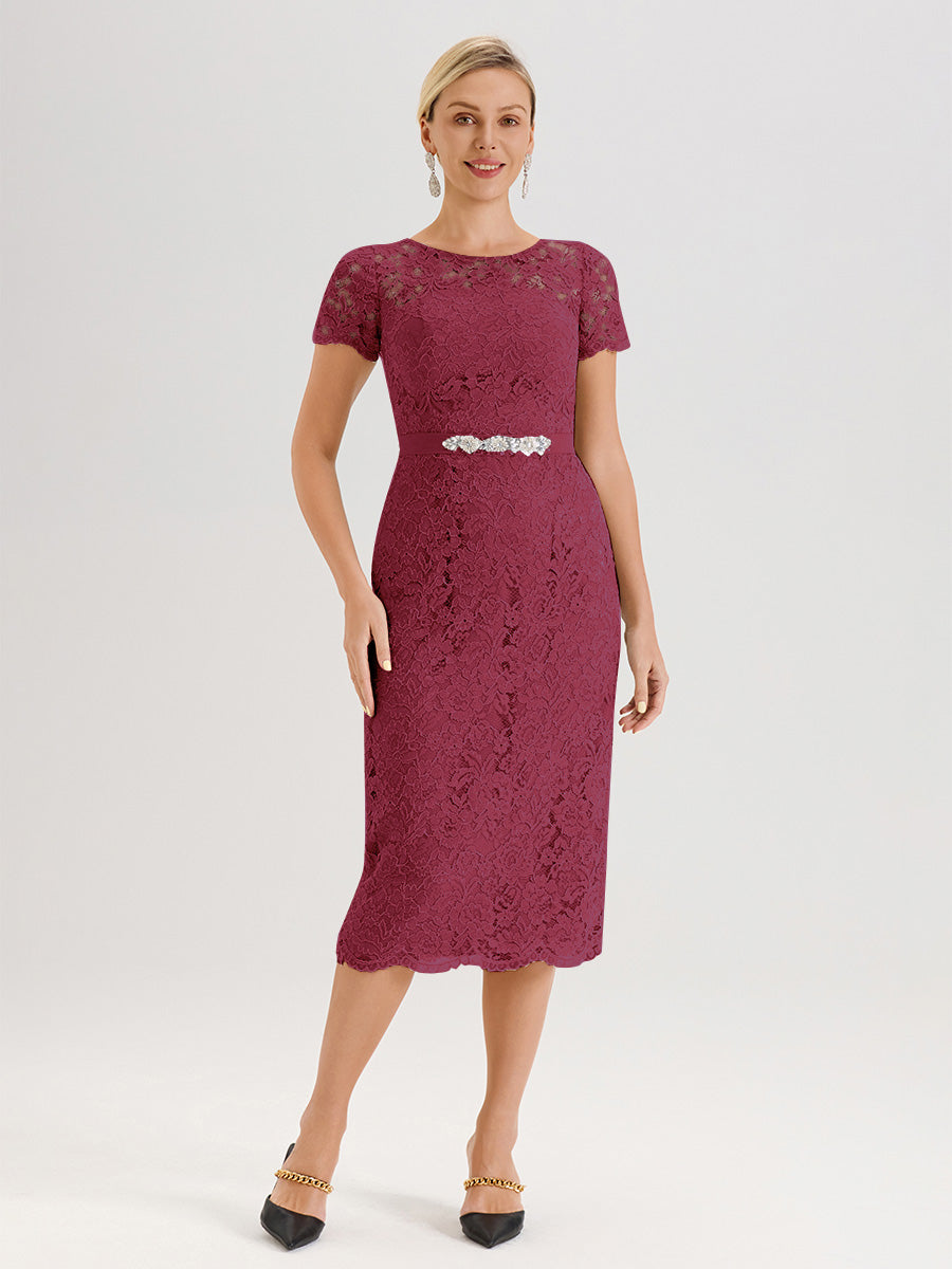 Cicinia Ensemble Rose Cannelle Avec Châle Robe Mère De La Mariée Longueur Mi-Mollet En Mousseline Dentelle Col Rond