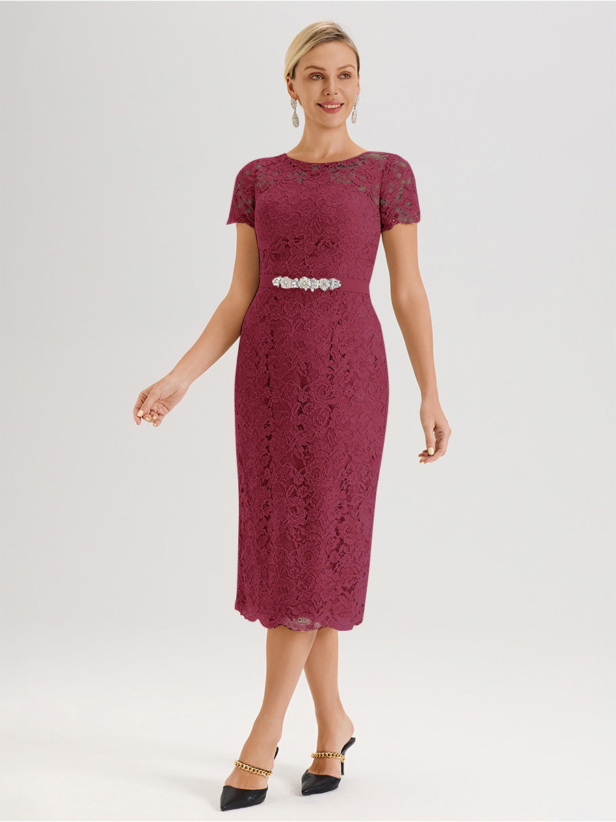 Cicinia Ensemble Rose Cannelle Avec Châle Robe Mère De La Mariée Longueur Mi-Mollet En Mousseline Dentelle Col Rond