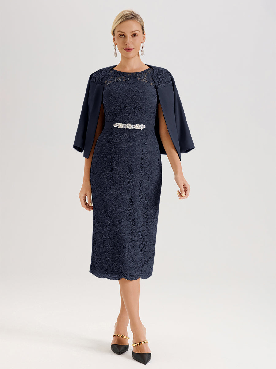 Cicinia Ensemble Bleu Marine Avec Châle Robe Mère De La Mariée Longueur Mi-Mollet En Mousseline Dentelle Col Rond