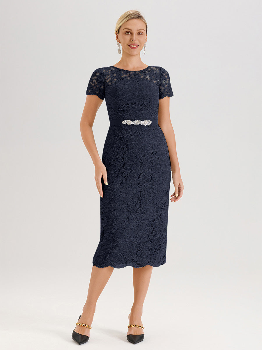 Cicinia Ensemble Bleu Marine Avec Châle Robe Mère De La Mariée Longueur Mi-Mollet En Mousseline Dentelle Col Rond