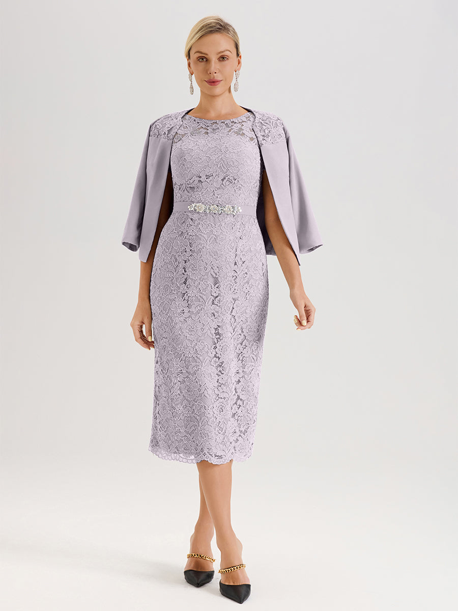 Cicinia Ensemble Crépuscule Avec Châle Robe Mère De La Mariée Longueur Mi-Mollet En Mousseline Dentelle Col Rond