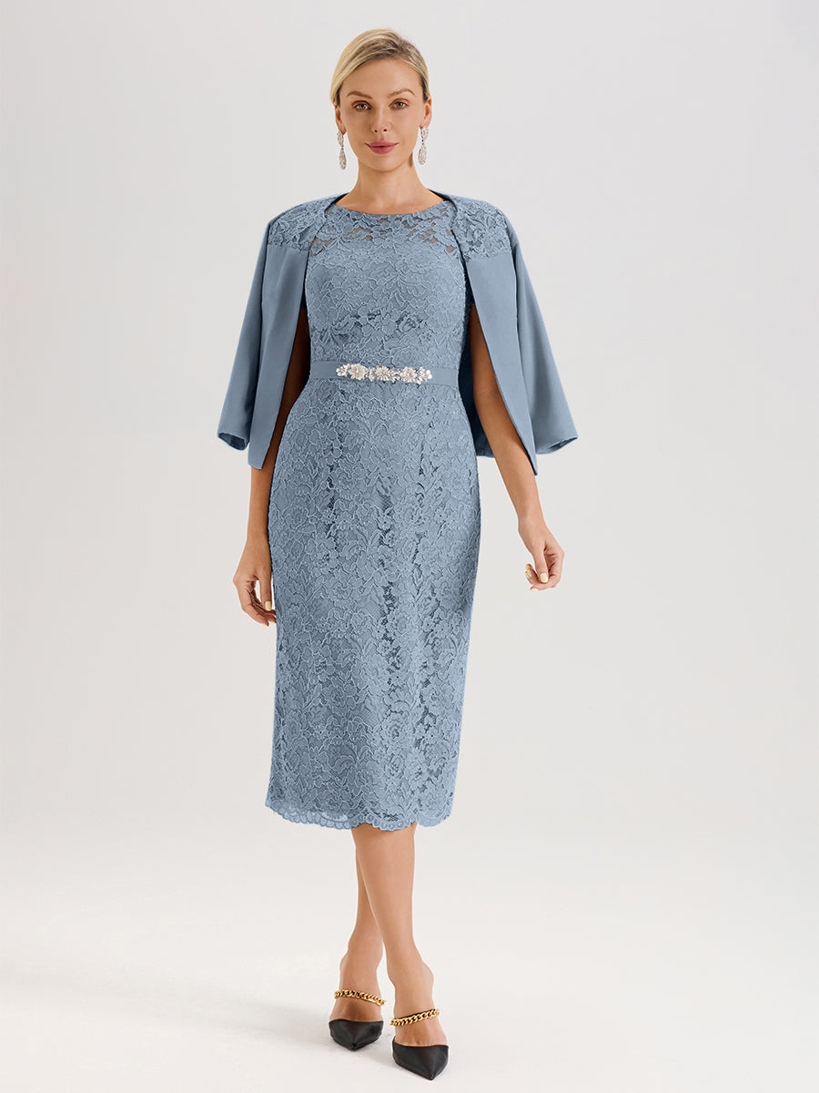 Cicinia Ensemble Bleu Poudré Avec Châle Robe Mère De La Mariée Longueur Mi-Mollet En Mousseline Dentelle Col Rond