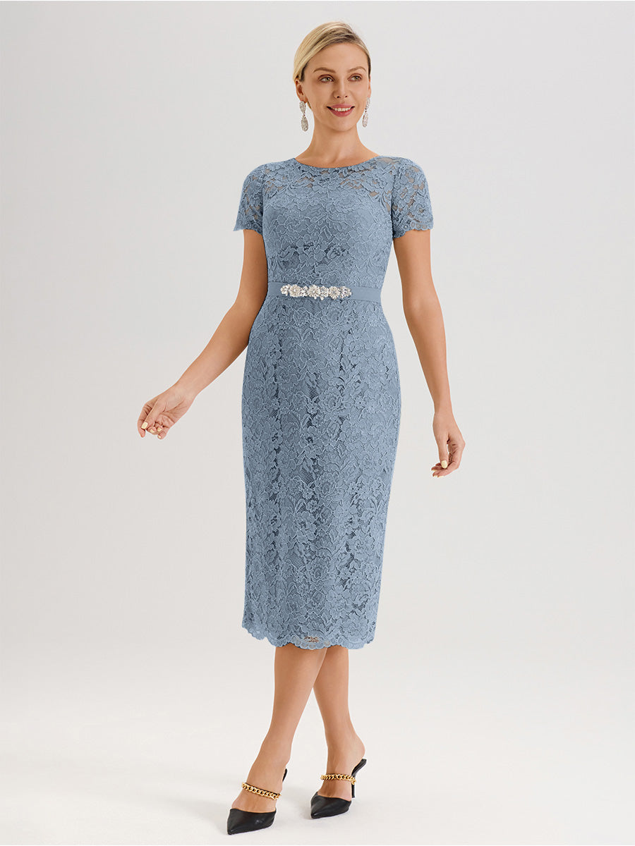 Cicinia Ensemble Bleu Poudré Avec Châle Robe Mère De La Mariée Longueur Mi-Mollet En Mousseline Dentelle Col Rond