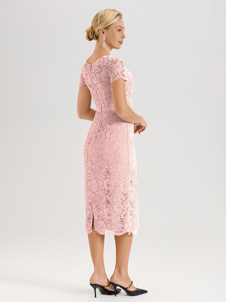 Cicinia Ensemble Rose Poudrée Avec Châle Robe Mère De La Mariée Longueur Mi-Mollet En Mousseline Dentelle Col Rond